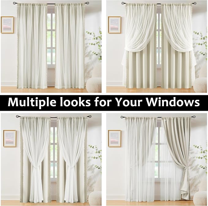 Pom-Pom Blackout Curtains with Sheer Overlay for Bedroom 84"L Ivory Mix and Match Double Layer Blackout Curtains for Living Room Nursery Kid's Room Drapes with Tiebacks Rod Pocket 52" W x2 Natural