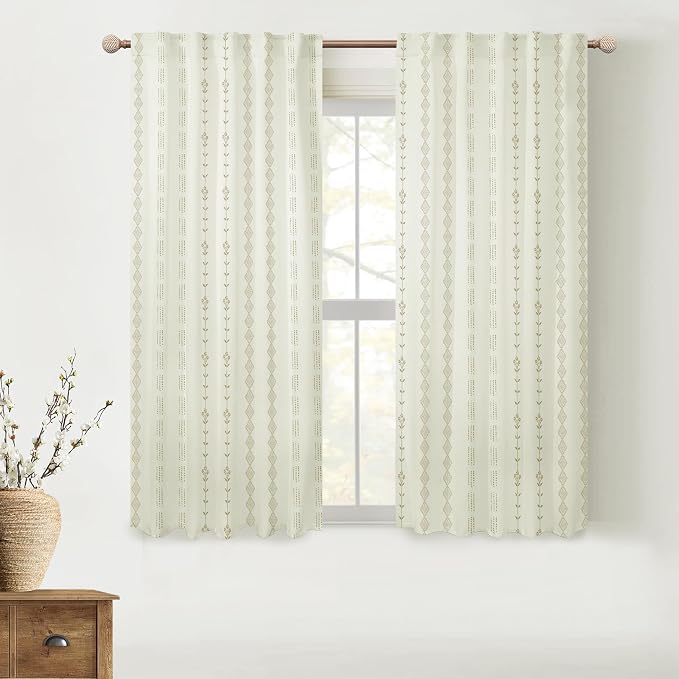 Lino Rosa Short Curtains for Windows, 45 Inch Boho Farmhouse Floral Pattern Thermal Insulated Drapes for Bedroom Kitchen, Cream and Tan Beige