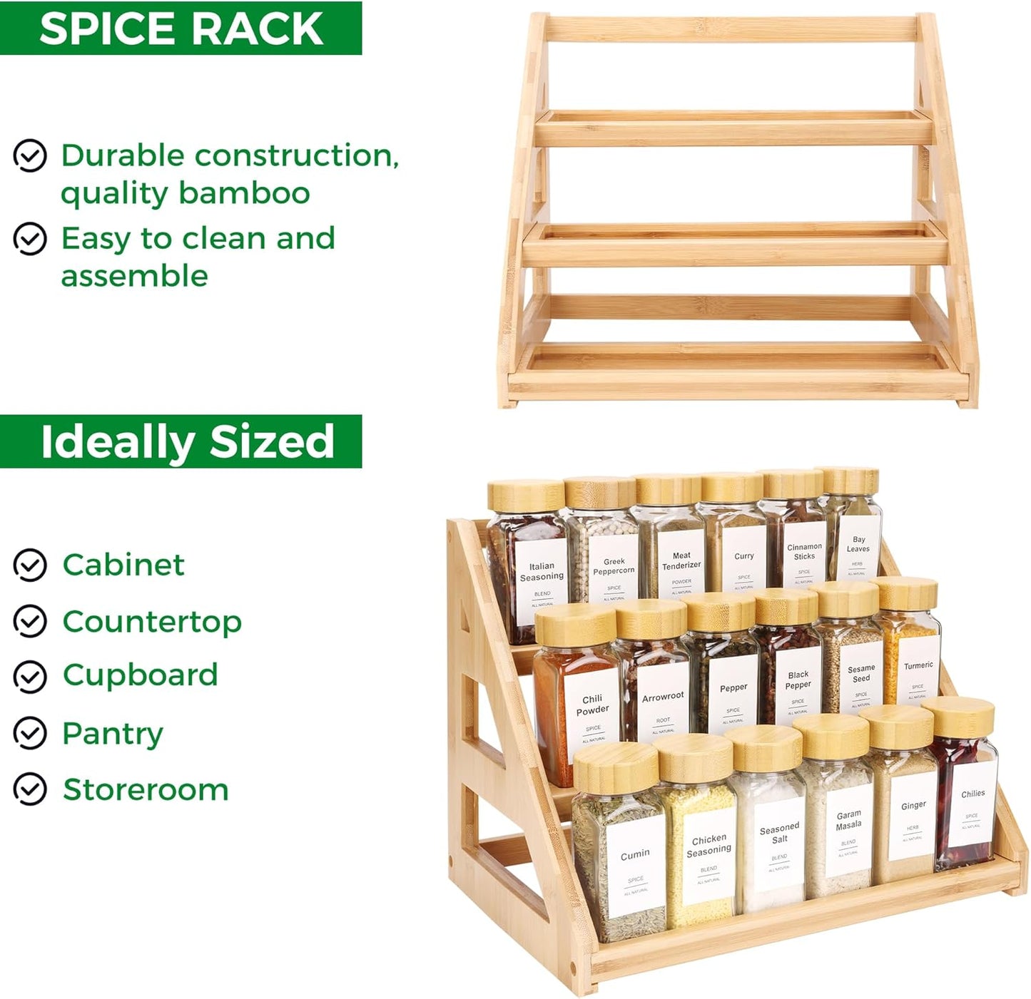 3-Tier Natural Bamboo Spice Rack Organizer - for Kitchen Cabinets, Countertops & Pantries - Space-Saving Tiered Shelf