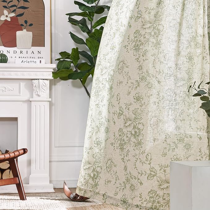 jinchan Linen Blend Floral Curtains for Living Room 63 Inch Length Farmhouse Printed Curtain Rod Pocket Back Tab Sage Green Peony Flower Patterned Drapes Bedroom Curtains Set 2 Panels