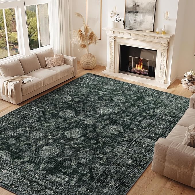 FROZZUR Boho Dark Green Area Rug 8x10 Large Vintage Rug for Living Room Bedroom Dining Table, Non Slip Distressed Washable Rugs for Home Office Decor Dark Green