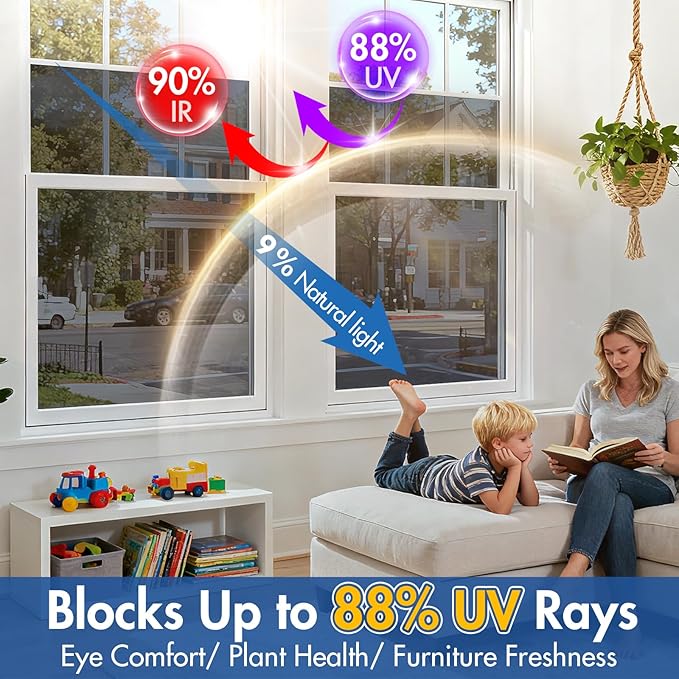 Coavas One Way Privacy Window Tint for Home, Daytime Reflective Mirror Glass Film See Out Not in, Heat & UV Blocking for Balcony/Living Room Large Windows with 3 Tools, 35.4 x 394 Inch, Black