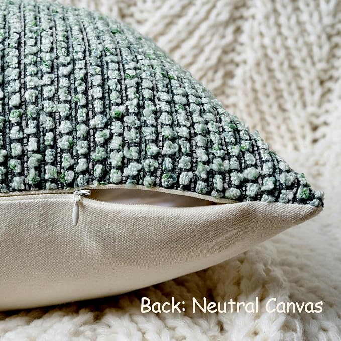 DEZENE Striped Throw Pillow Covers 22x22 Set of 2 Green Textured Boucle Chic Morden Boho Accent Farmhouse Square Decorative Couch Pillow Covers for Home Decor Bed Sofa Living Room
