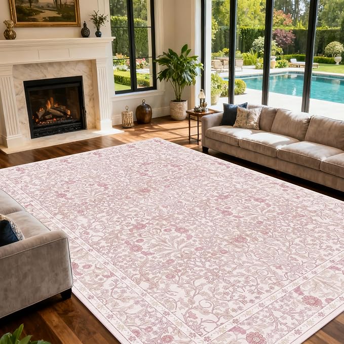 Area Rug for Living Room, 10x12 Large Washable Rugs for Dining Room, Bedroom, Non Slip Stain Resistant Carpet, Low Pile Vintage Floral Rug (Pink)