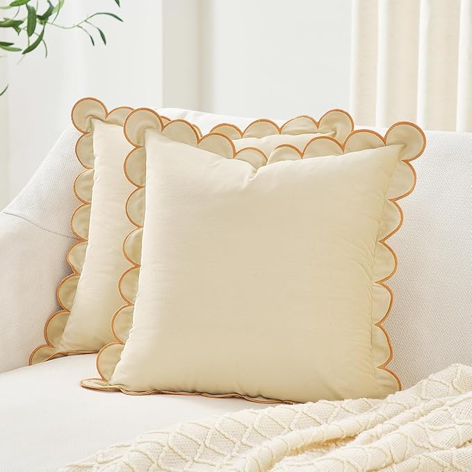 MONDAY MOOSE Decorative Throw Pillow Covers Cushion Cases, Set of 2 Soft Velvet Scalloped Round Edge Designs, Mix and Match for Home Decor, Pillow Inserts Not Included (20x20 inch, Cream)