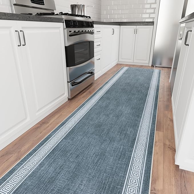 Ottomanson Aisle Runner Rug 2'7" x 26' – Soft Non-Slip Rug, Low Pile Carpet for Hallways, Events, Churches & Extra-Long Indoor Spaces, Greek Border Greyish Blue