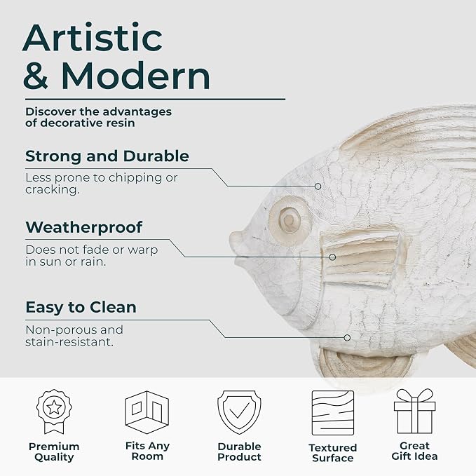 Bookshelf Decor Fish Figurine–White Wash Polyresin Decorative Accessory for Living Room, Coffee Table or Shelf – Aesthetic Boho Shelf Decor, Decorative Objects for Living Room – 13", White