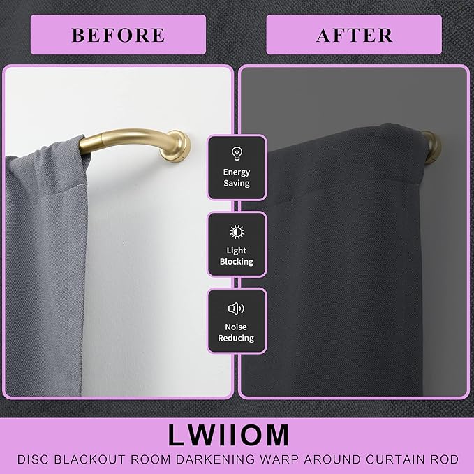 Brass Disc Curtain Rods, 28-48 Inches Window Curtain Rod,Adjustable Room Darkening Drapery Rod with Aluminum Finials and Brackets,Wrap Around Design