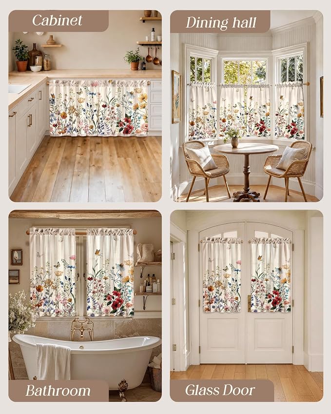 Miss Adola Floral Kitchen Tier Curtains - 45 Inch Length Linen Blend Farmhouse Cafe Curtains Vintage Small Window Treatments Over Sink Rod Pocket for Bathroom Living Room Light Filtering, 2 Panels