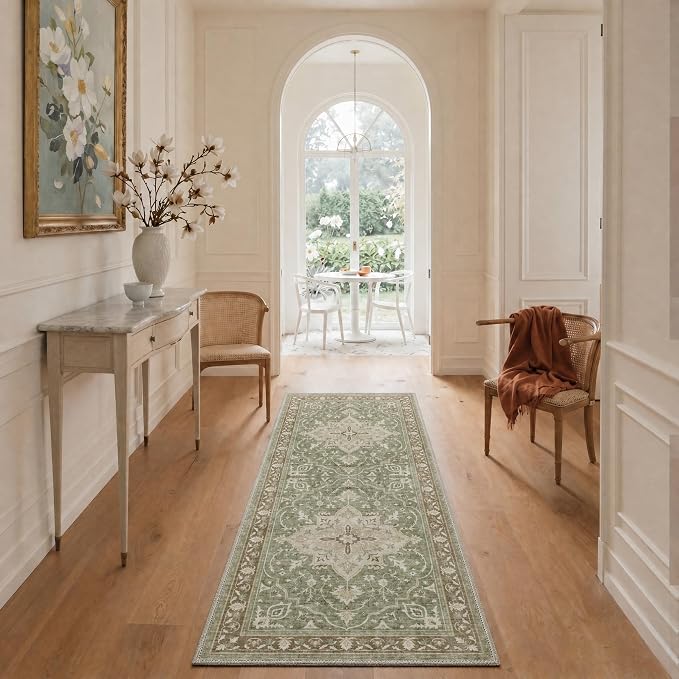 GENIMO 2x3 Rug Non Slip Backing Low Pile Washable Indoor Mat for Kitchen Entryway Bathroom, Front Door Mat Machine Washable Floral Medallion Sage Green