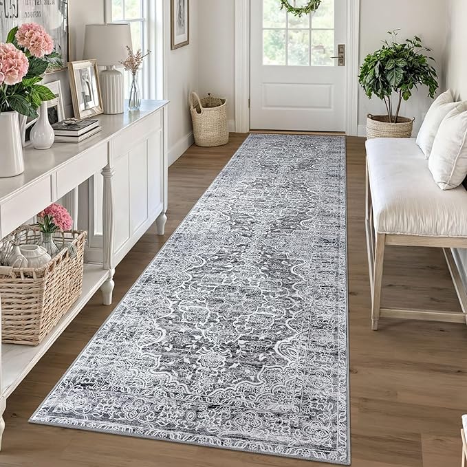 KUTA Vintage Kitchen Runner Rug, 2.6x10 Vintage Grey Blue White Washable Hallway Rugs Non-Slip Ultra Soft Printed Floral Medallion Farmhouse Floor Carpet for Bedroom Living Room Nursery