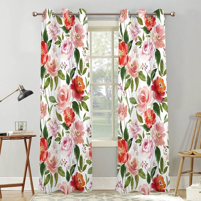 Renaiss Watercolor Flowers Curtains Rose Peony Floral Print Blackout Window Curtain Panels Thermal Insulated Grommet Top Window Curtains for Living Room Bedroom 53W x 84L Inch 2 Panel Set