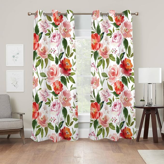 Renaiss Watercolor Flowers Curtains Rose Peony Floral Print Blackout Window Curtain Panels Thermal Insulated Grommet Top Window Curtains for Living Room Bedroom 42W x 96L Inch 2 Panel Set
