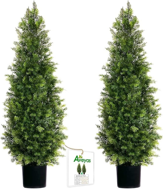 Aveyas 4ft Artificial Cedar Topiary Trees for Outdoor Front Porch Door, 4 Feet Faux Potted Plants Evergreen Fake Pine Cypress Tree for Outside Home Decor (4 ft Tall) - Set of 2 Pack