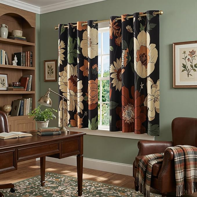 jinchan Lora Floral Curtains for Bedroom Blackout Drapes for Living Room Darkening Fabric Vintage Black Boho Flower Pattern Fall Decor Window Curtains 63 Inches Length 2 Panels with Grommet