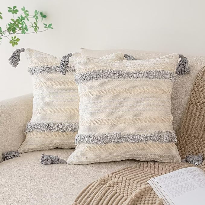 Boho Throw Pillow Covers 18x18 Set of 2 Woven Tufted Farmhouse Pillows Cover with Tassels Textured Striped Cushion Case Neutral Pillow Cases Decorative Pillowcase for Sofa, Couch, Bed, Light Grey