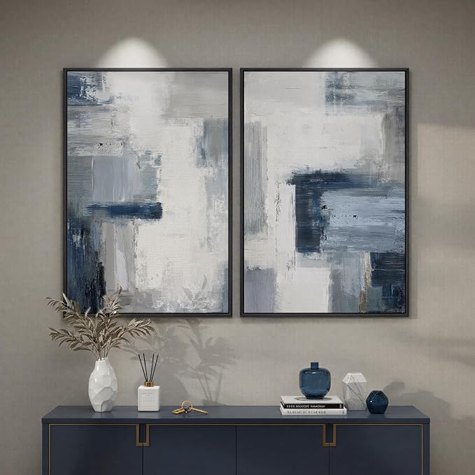 Large Framed Blue Gray Abstract Wall Art Set of 2, Modern Canvas Artwork for Living Room Walls, Minimalist Cool Tone Print Paintings for Bedroom Hallway Home Office Dining Room Wall Decor, 24x36 Inch