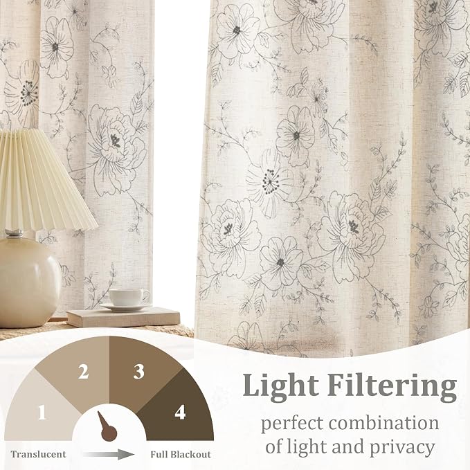 Boho Floral Curtains, Vintage Farmhouse Curtains 84 Inches Long, Grey Cottage Core Flower 2 Panels