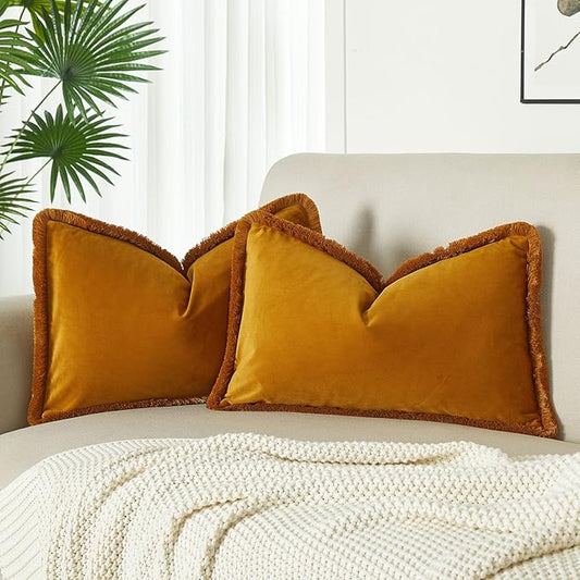 JUSPURBET Mustard Yellow Velvet Throw Pillow Covers 16x24 Inch Set of 2 with Soft Tassel Fringe Luxury Boho Pillowcase for Sofa Couch Bed Home Decor Machine Washable