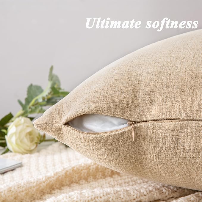 GAWAMAY Decorative Chenille Throw Pillow Covers 26x26 Inch Pack of 2, Soft Square Couch Pillow Cover for Sofa Cushion Living Room Bedroom Solid Dyed Oversized Pillowcases Beige 66x66cm (ONLY Covers)