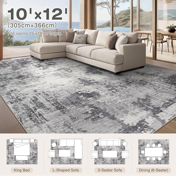 Abstract 10x12 Area Rug: Machine Washable Non Slip Ultra Thin Low-Pile Carpet, Soft Stain Resistant for Living Dining Room Bedroom, Kid Pet Friendly, Robot Vacuum Compatible - Grey