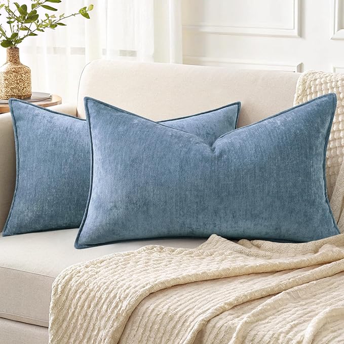 decorUhome Fall Couch Throw Pillow Covers 12x20 Set of 2, Decorative Soft Velvet Modern Cozy Chenille Lumbar Pillow Cases with Elegant Design for Sofa Bed Living Room Home Decor, Blue Grey