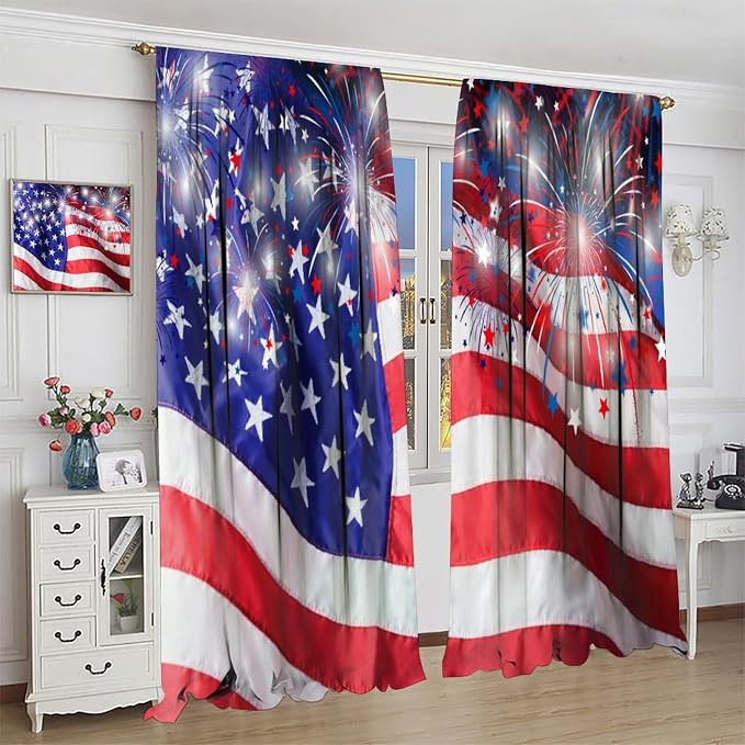 American Flag Curtain,4th of July Independence Day Home Decor Drapes for Bedroom Living Room Kitchen Window Treatment 2 Panels Set Total Size 42" W X 45" L Inch