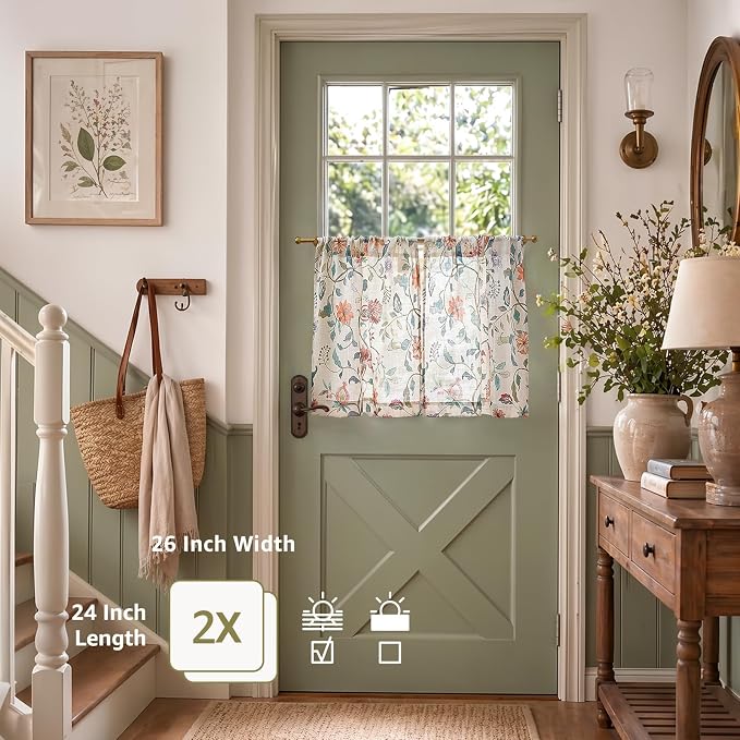 jinchan Hattie Floral Linen Kitchen Curtains 24 Inch Length Vintage Cottage Core Farmhouse Cafe Curtains Light Filtering Small Window Drapes for Living Room Bathroom Rod Pocket 2 Panels Beige