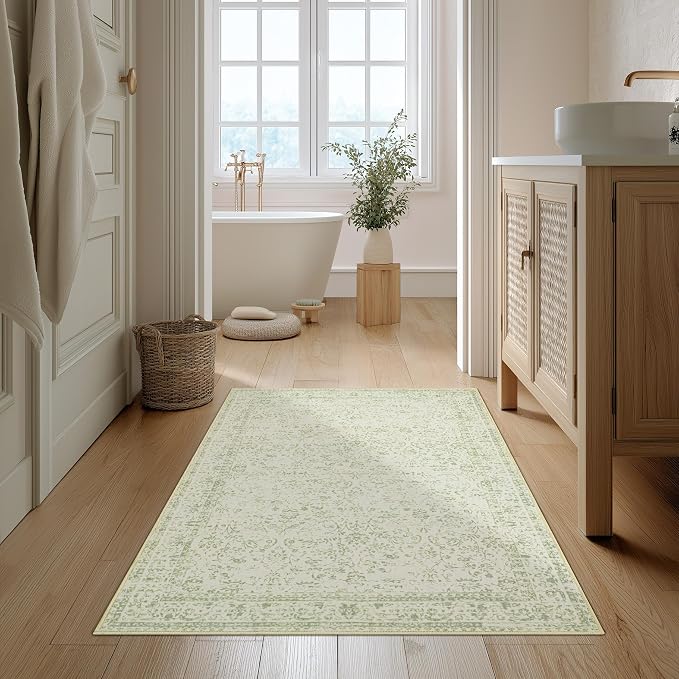 BILEEHOME Sage Green 2x3 Boho Rugs for Kitchen Bathroom Hallway Washbale Non Slip Front Door Rug Indoor Entrance Low Pile Light Green Area Rug for Bed Side Bedroom Floor Laundry Room 2 x 3