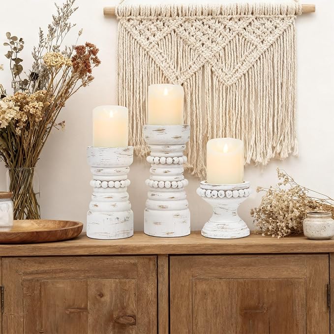 Rustic White Wood Candle Holders Set of 3, Farmhouse Beaded Wood Pillar Candle Holder, Candle Holders for Pillar Candles & Candlesticks, Candle Sticks Holder Decor for Table Centerpiece