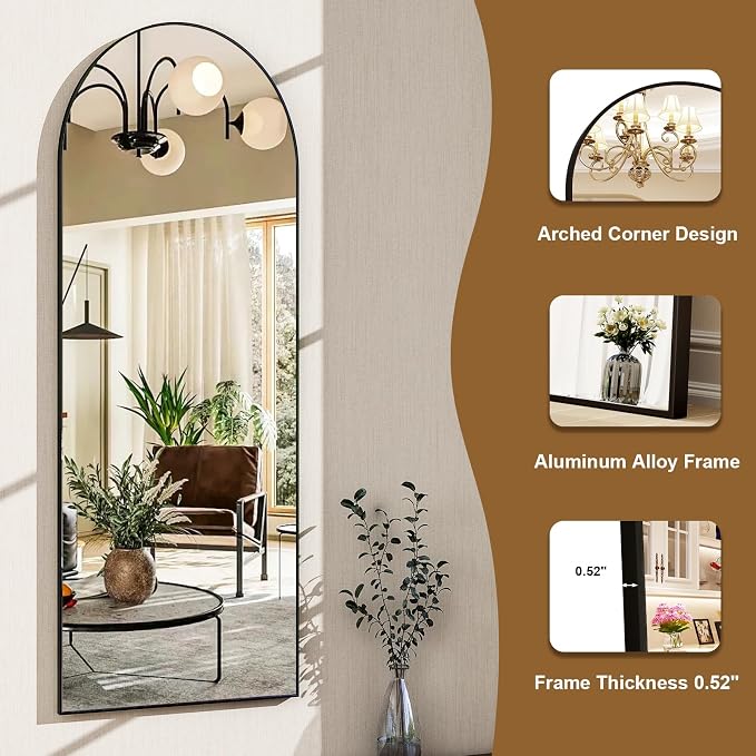 HARRITPURE 59"x16" Arched Full Length Mirror, Arch Floor Mirror with Aluminum Frame Standing Full Body Mirror for Home Bedroom Dressing Room, Black