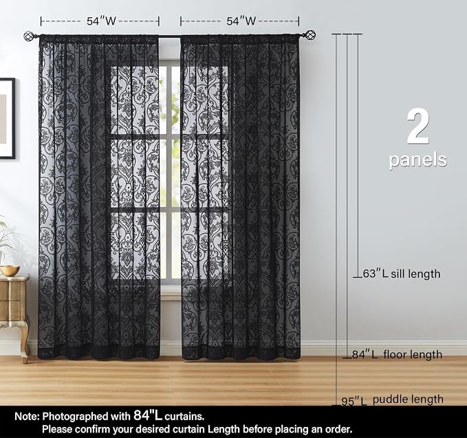 Black Lace Curtains 84 inch Damask Sheer Curtain Panels for Living Room Bedroom Luxury Vintage Light Filtering Victorian Drapes Black Window Treatment Sets Rod Pocket 2 Panels 54" W