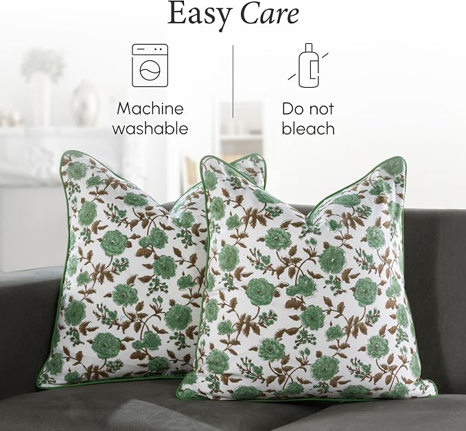 CPC 100% Cotton Throw Pillow Covers 18x18 Inch, Set of 2 Green Block Print Pattern Couch Pillow, Cute Boho Decorative Pillows for Living Room, Bedroom with Hidden Zipper- Moss Green