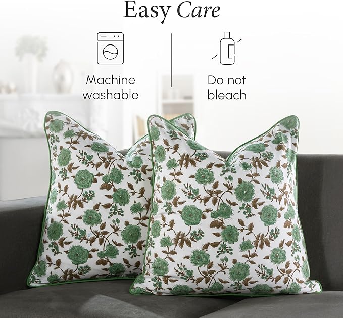 CPC 100% Cotton Throw Pillow Covers 18x18 Inch, Set of 2 Green Block Print Pattern Couch Pillow, Cute Boho Decorative Pillows for Living Room, Bedroom with Hidden Zipper- Moss Green
