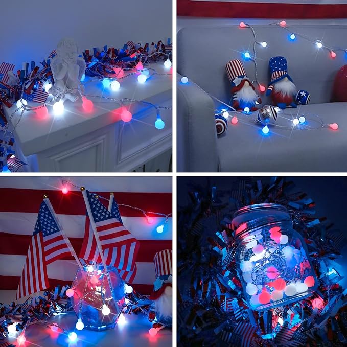suddus 100LED Globe String Lights Battery Operated Red White and Blue Light | 33 FT Globe Lights with Timer 8 Mode, Fairy Lights for Flag, Backyard, Patio,Bedroom, Living Room Decoration
