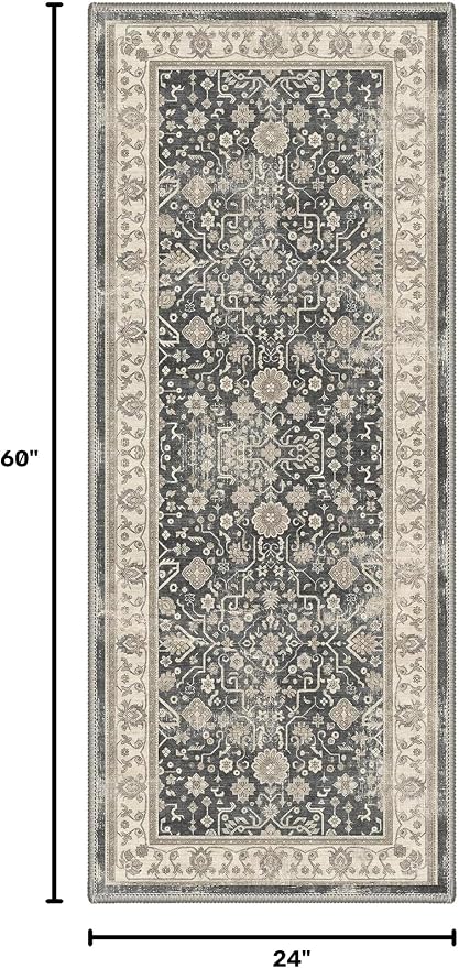 Bavni 2x5 Rug Runners for Hallways, Washable Runner Rug Non Slip, Vintage Floral Oriental Floral Rugs for Bedroom, Lightweight Low Pile Carpet for Hallways Bathroom, Dusty Charcoal