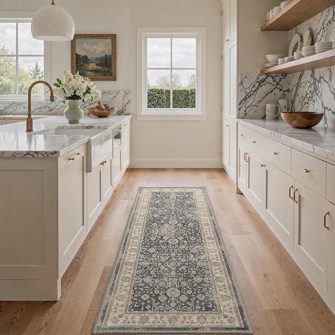 Bavni 2x5 Rug Runners for Hallways, Washable Runner Rug Non Slip, Vintage Floral Oriental Floral Rugs for Bedroom, Lightweight Low Pile Carpet for Hallways Bathroom, Dusty Charcoal