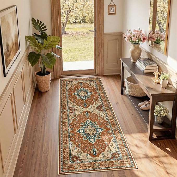 RELEANY Area Rugs Runner 2'x5' Washable Non-Slip, Floral Vintage Distress Medallion Carpet for Kitchen Hallway Bedroom Beside Laundry Room Bathroom, Red Orange Blue Brown