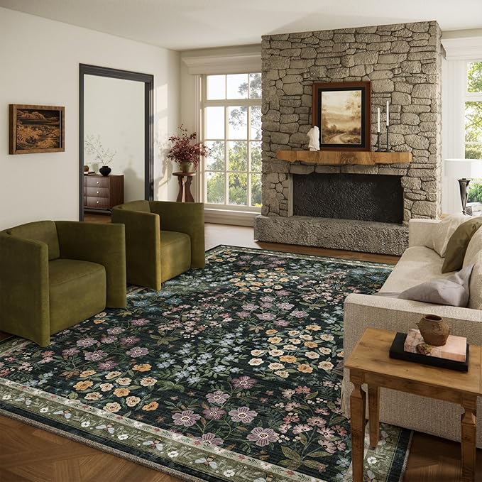 Area Rugs 9x12 Living Room: Washable Rugs for Bedroom Vintage Stain Resistant Non Slip Low Pile Soft Large Carpet for Kitchen Dining Room Farmhouse Kids Room Nursery Playroom