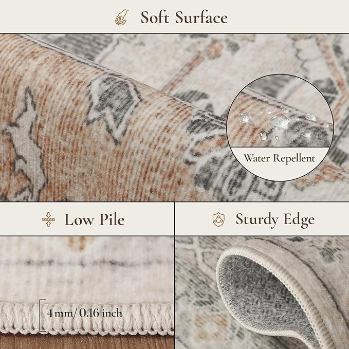 GENIMO 5x7 Area Rugs for Living Room, Machine Washable Non Slip Vintage Rugs, Low Pile Lightweight Chenille Print Rug for Bedroom, Dining Room, Home Office, Gray Brown
