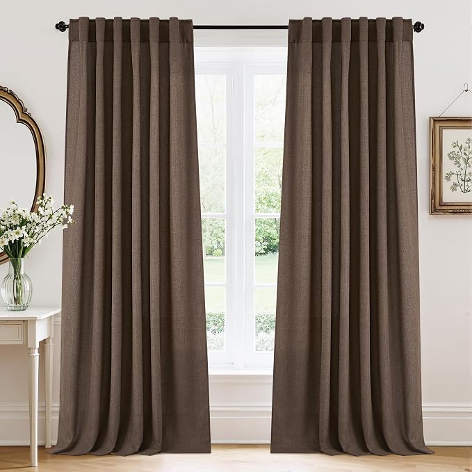RYB HOME Natural Linen Sheer Curtains 102 inches Long for Living Room and Dining Room, Back Tab/Rod Pocket, Light Filtering Sheer Curtains and Drapes, Brown, W 52 x L 102 inches, 2 Panels Set