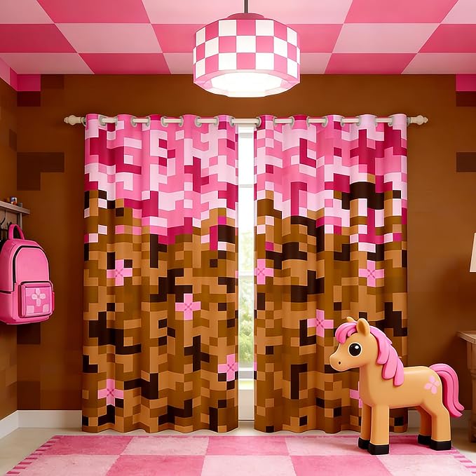 Castle Fairy Miner Theme Games Window Curtain,Pixel Pink Brown Blackout Window Treatment,Kids Boys Teens Building Gamers Bedroom Curtains Block Patchwork Living Room Decor Top 2 Panels,42Wx63L