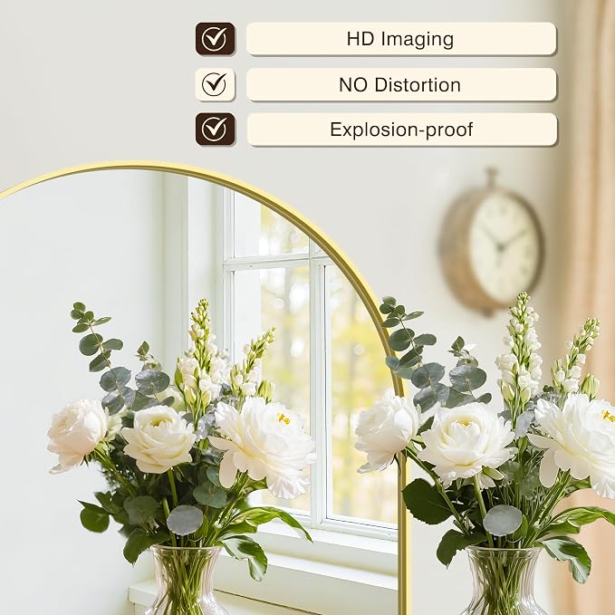 Vanity Bathroom Mirror for Wall, 32”x30” Arched Bathroom Mirror for Over Sink, Arched Metal Frame for Bedroom, Living Room, Entryway, Hanging or Leaning, Gold