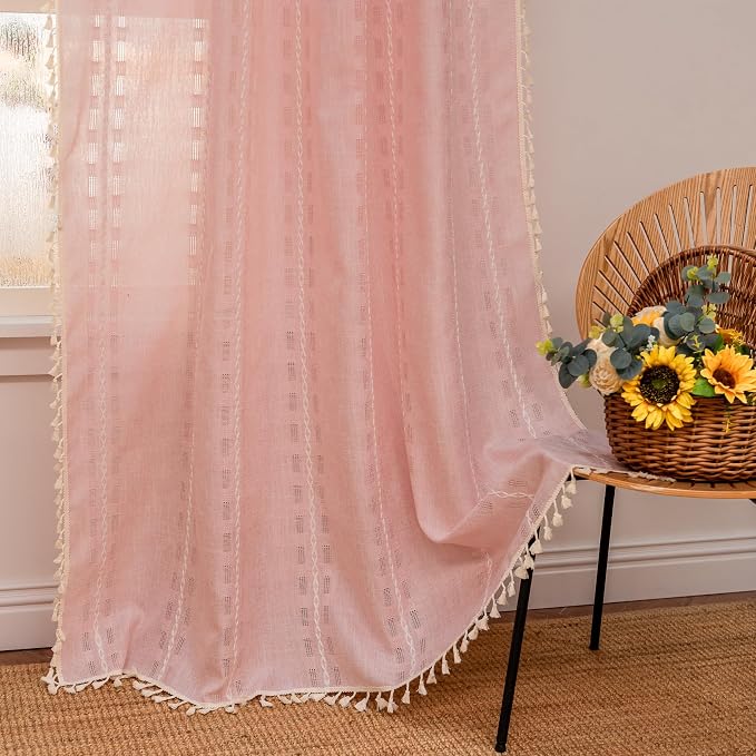 Deeprove Blush Pink Boho Curtain 96 inches Long for Living Room Bedroom, Vintage Bohemian Tassel Sheer 96 inches Puddle Length 8 FT Striped Embroidery Privacy Window Treatment W52 x L96, 1 Panel