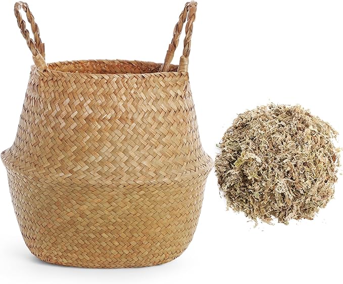 Knitgrip Large Wicker Plant Basket with Handle 10 Inch Woven Seagrass Belly Basket and Artificial Moss for House Plants Picnic Grocery Laundry Storage Home Decor(Large,Original,1 Pack)