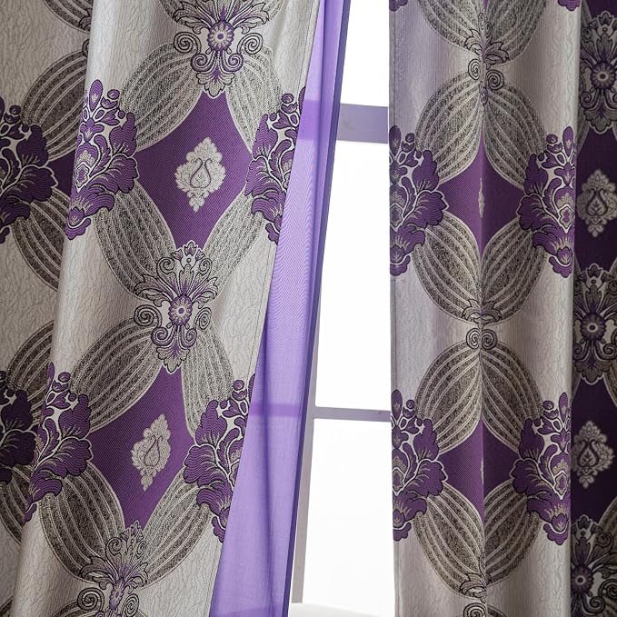 Petrichor Elegant Curtains with Gold Silver Threads 2 Panels Set - Luxury Window Treatment Attached Valance, Sheer Backing, and 2 Tie Backs for Bedroom and Living Room, 54x95 inches, Purple