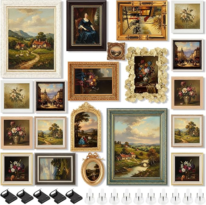 Kathfly 20 Pack Vintage Picture Frames for Wall, Tabletop Display Ornate French Country Frames Vintage Farmhouse Decor Antique Wall Frame Set for Gallery Bedroom Living Room Decor (Simple Style)