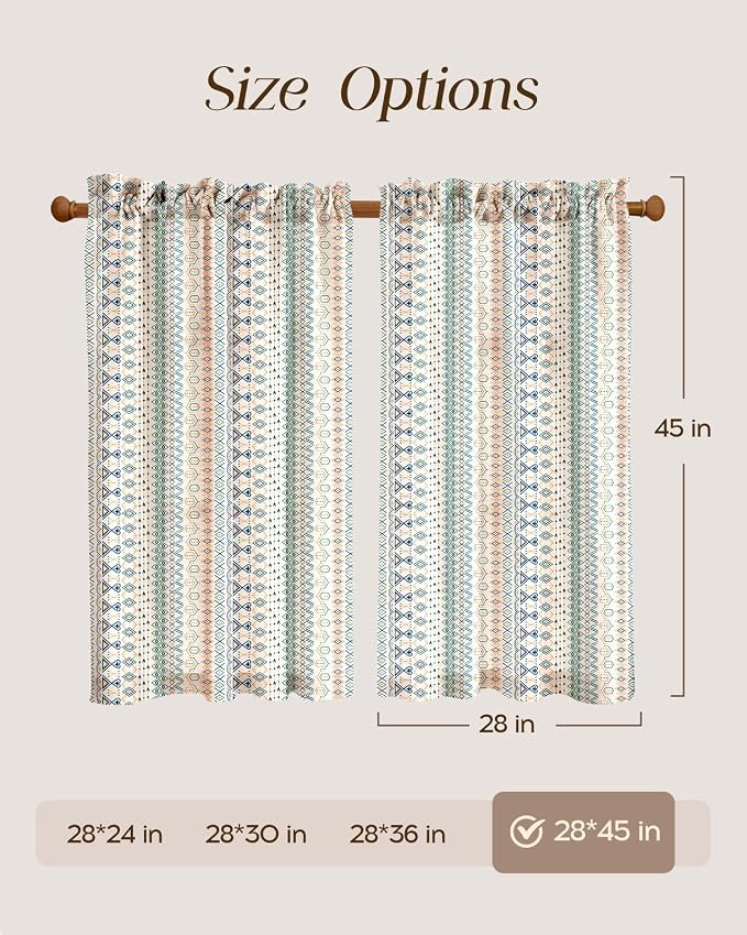Miss Adola Boho Kitchen Tier Curtains - 45 Inch Length Linen Blend Cafe Curtains Farmhouse Small Window Treatments Over Sink Rod Pocket for Bathroom Living Room Light Filtering, 2 Panels