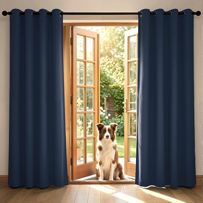 4 Panels 100% Blackout Linen-Textured Curtains, Thick Thermal Insulated Grommet Drapes with Subtle Herringbone Weave, Luxury Decor for Bedroom/Living Room, 54 x 95 Inches, Navy