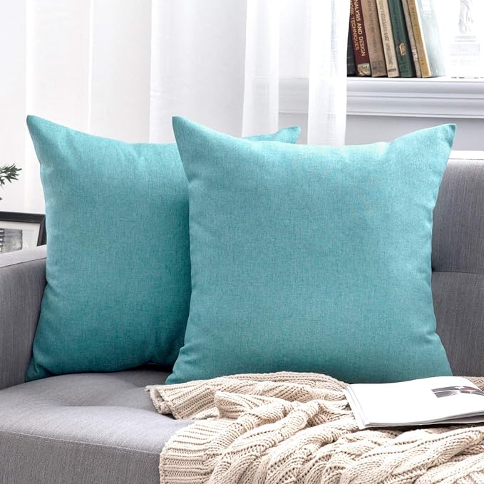 MIULEE Pack of 2 Decorative Outdoor Solid Waterproof Throw Pillow Covers Euro Sham Faux Linen Garden Farmhouse Coastal Cushion Cases for Summer Patio Tent Balcony Couch Sofa 24x24 Inch Turquoise